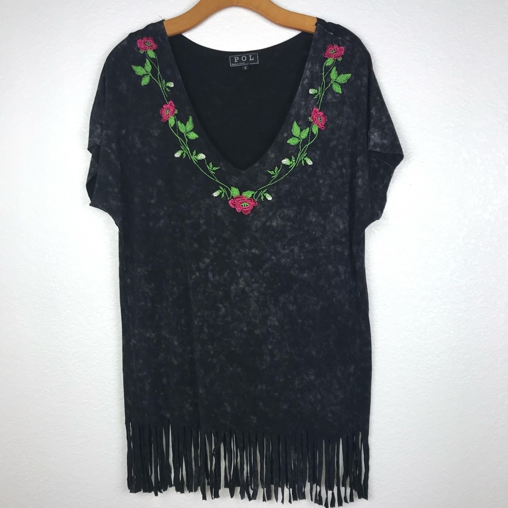 Anthro POL Acid Wash Embroidered Fringe Tee Shirt - Picture 4 of 10